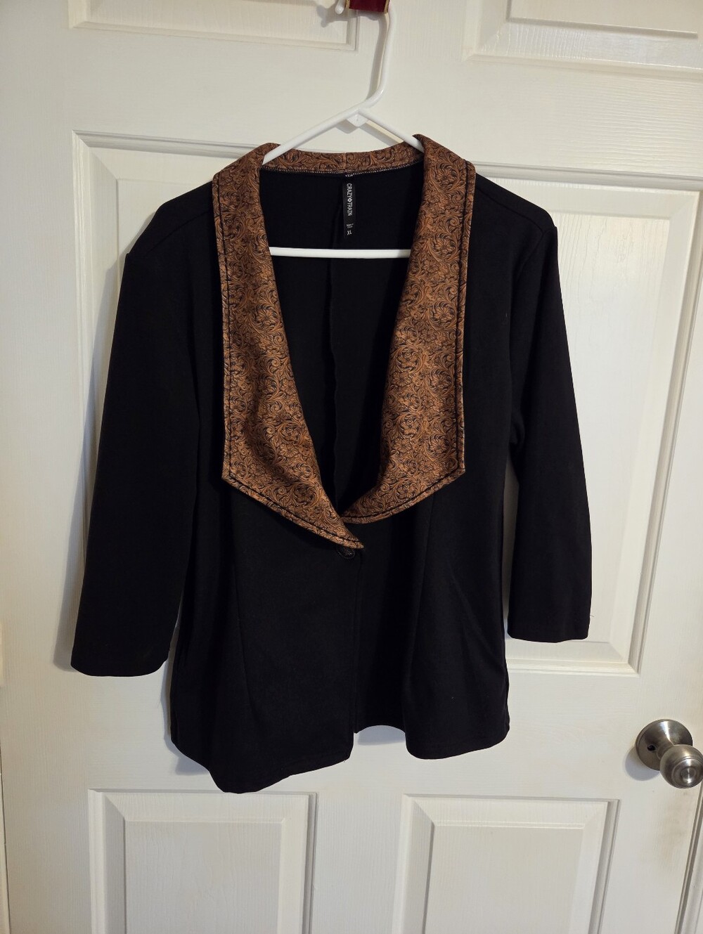 Black Open Front Cardigan with Brown Paisley Trim, Crazy Train XL